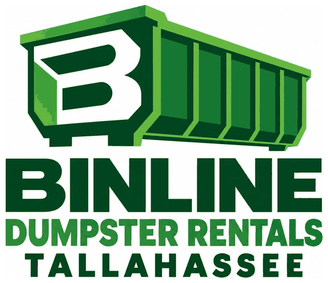 Binline Dumpster Rentals Tallahassee logo, a green roll-off dumpster with a white B